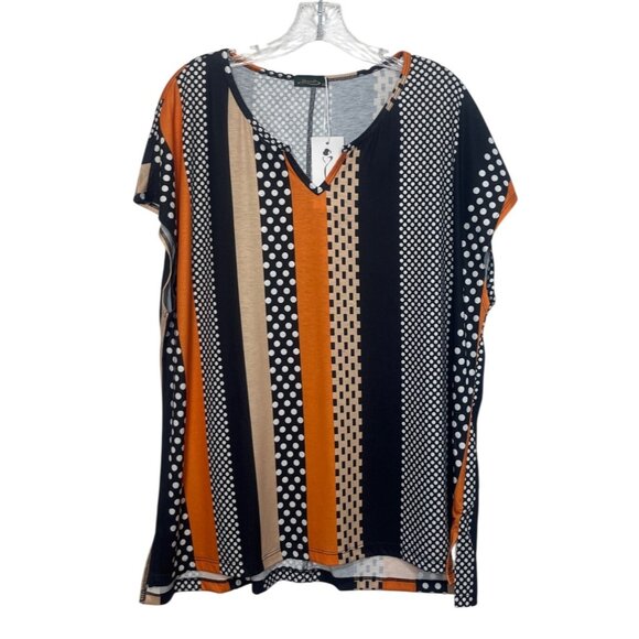 Ofeefan Striped Polka Dot Short Sleeve Top Womens XXL Orange Black New - Picture 2 of 10